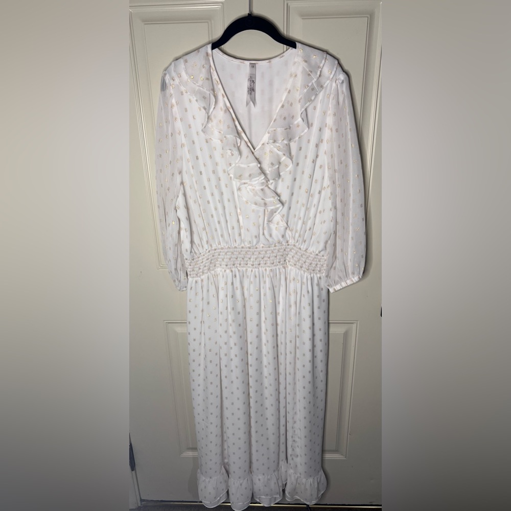 Melissa McCarthy Seven7 White and Gold polka-dot Ruffle Dress